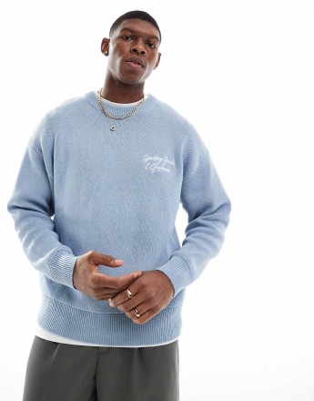 ONLY & SONS relaxed fit jumper with embroidery in light blue