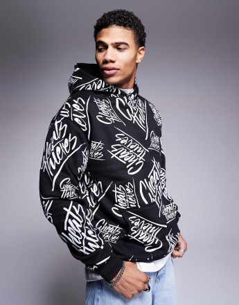 Cheats & Thieves all-over logo print 320gsm hoodie in black multi