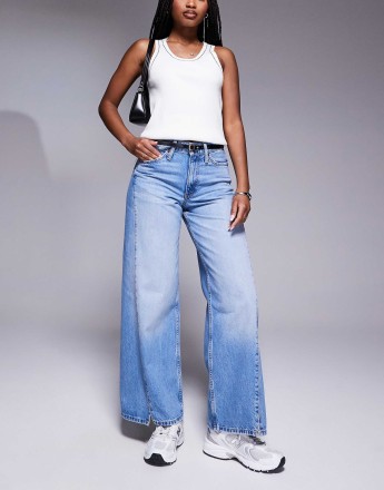 River Island wide leg jean with detachable belt in lightwash blue