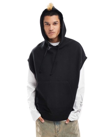 COLLUSION Sleeveless vest hoodie in black with fur trim hood and print  - BLACK