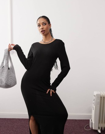 Noisy May scoop back knitted maxi dress in black texture