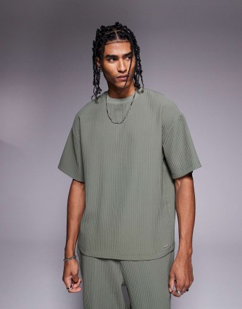 River Island oversized plisse t-shirt co-ord in light khaki