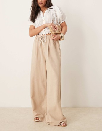 Stradivarius STR linen look trouser with drawstring in stone
