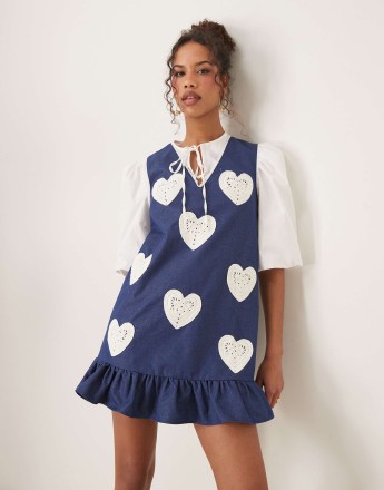 Sister Jane heart embroidered mini dress in denim blue
