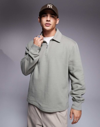 River Island quarter zip collared sweatshirt in light khaki