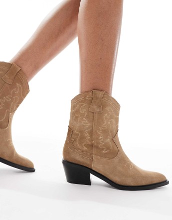Stradivarius heeled leather ankle western boot in brown suede