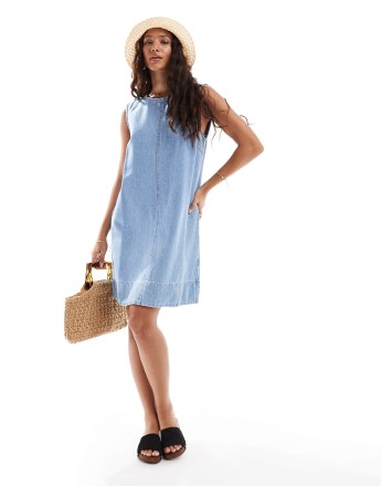 Pieces denim sleeveless mini dress in light blue