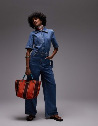 Mango oversized short sleeve belted denim jumpsuit in light blue