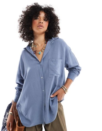 Pull&Bear oversized linen look shirt in pale blue