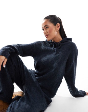 Pieces cozy knitted hoodie co-ord in navy melange