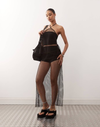 Monki net co-ord maxi skirt in chocolate brown
