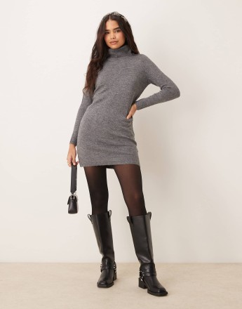 JDY roll neck knitted dress in dark grey melange