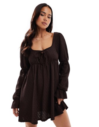 Miss Selfridge long sleeve milkmaid smock dress in chocolate