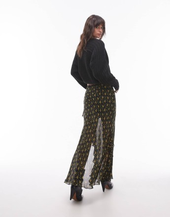 Topshop  sheer ruffle maxi skirt in vintage mustard floral