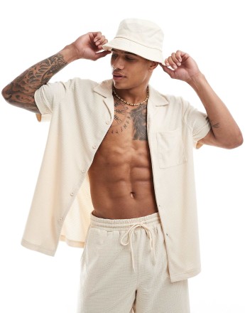 South Beach waffle towelling beach shirt co-ord in cream