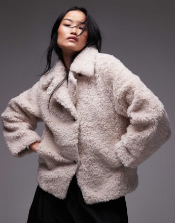 & Other Stories faux fur jacket with asymmetric button front in beige