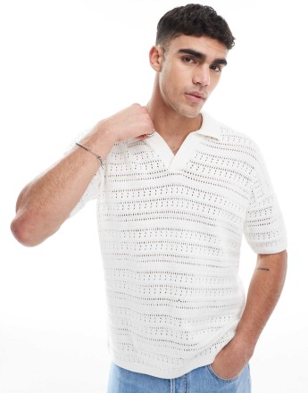 ONLY & SONS drop shoulder open knit split neck polo in white