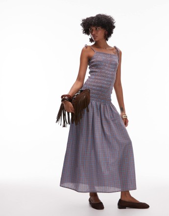 Topshop Cami shirred midi dress in blue check
