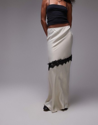 Topshop Satin bias maxi skirt with diagonal lace insert in champagne