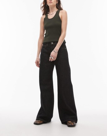 Topshop Horizon mid rise wide leg jean in black ecru
