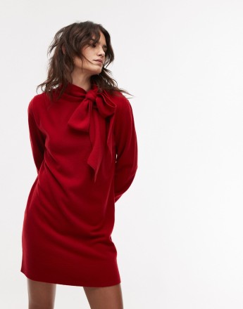 & Other Stories wool knitted mini dress with bow scarf detail in dark red