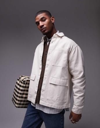 Topman long sleeve overshirt in cream