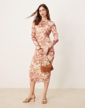 Vila long sleeve mesh midi dress in rose and birch smudge print