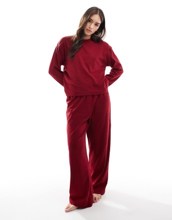 Cotton On sleep pointelle rib long sleeve top in deep red co-ord