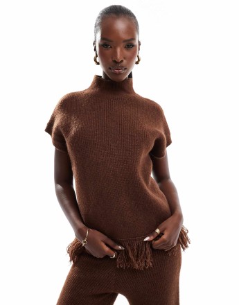 In The Style high neck tassel hem jumper co-ord in chocolate