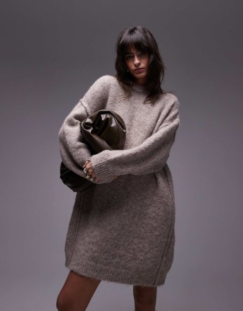 Topshop knitted oversized crew mini dress with exposed seam detail in oat