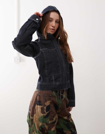 COLLUSION fitted denim jacket with hood in rinse wash