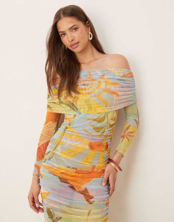 Never Fully Dressed ruched mesh midaxi dress in mixed print