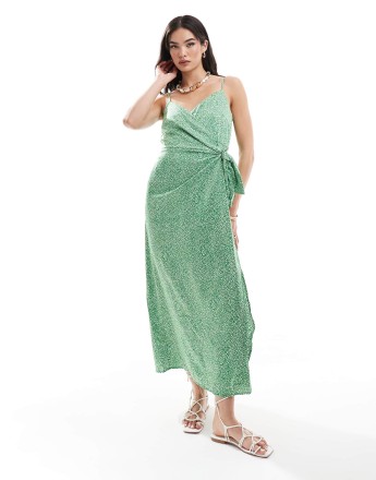 ONLY strappy wrap dress in green mini leopard