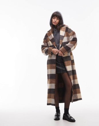 Topshop longline belted wool look coat in brown check