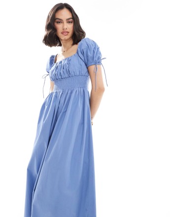 Brave Soul milkmaid puff sleeve dress in blue