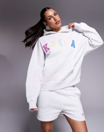 Kaiia embroidered rainbow logo oversized hoodie co-ord in grey marl