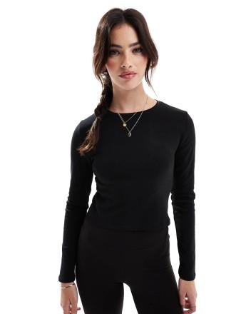 Stradivarius cotton long sleeve top in black