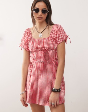 Noisy May tiered mini dress in red gingham