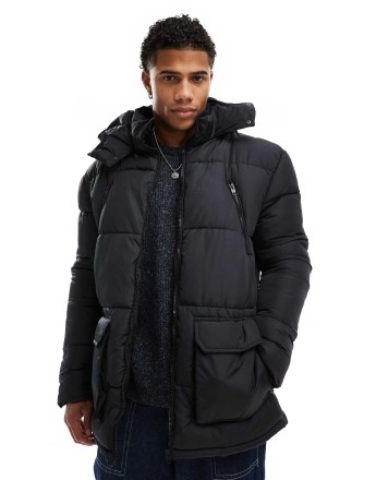 French Connection puffer jacket with hood and pockets in black