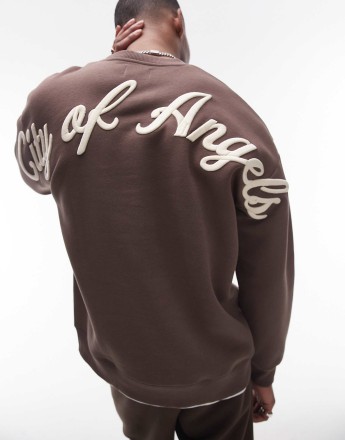 Topman oversized fit sweatshirt with front and back city of angels embroidery in brown