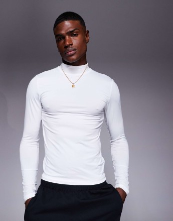 4505 Icon active quick dry muscle fit base layer training long sleeve mock neck top in white