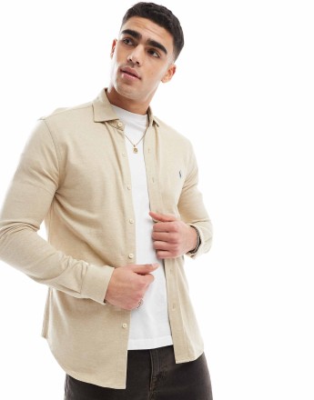 Polo Ralph Lauren icon logo estate collar herringbone print jersey shirt in beige marl