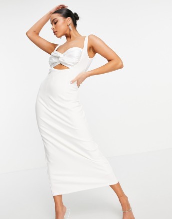 Yaura peekaboo twist bust satin midi dress with thigh split in ivory