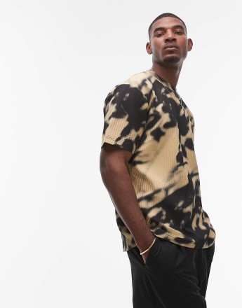 Topman oversized fit blurred floral printed plisse t-shirt in black
