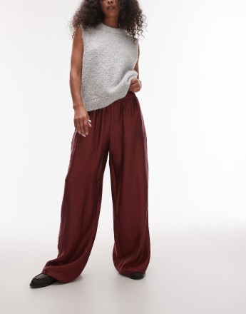 Topshop textured satin straight leg drawcord trouser in burgundy