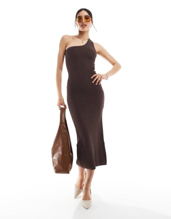 Bershka one shoulder knitted maxi dress in chocolate
