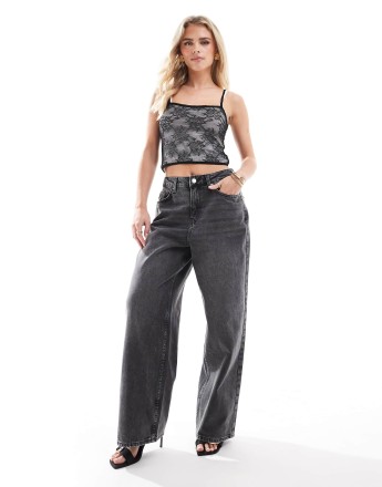 Miss Selfridge Petite  flocked bow pocket baggy jean in black wash
