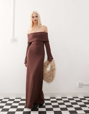 COLLUSION fold over bardot maxi dress in chocolate rib