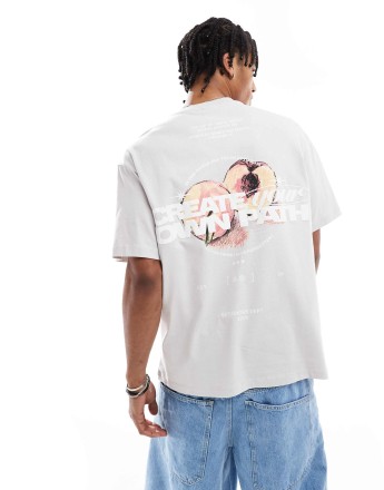 Bershka peach back printed t-shirt in grey