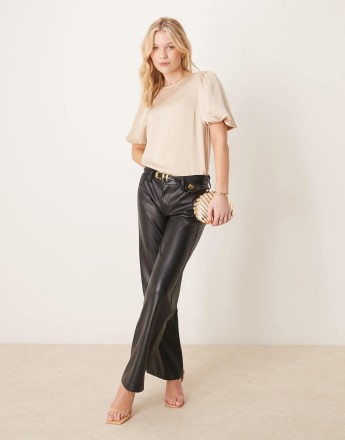 Vila satin short sleeve top in beige